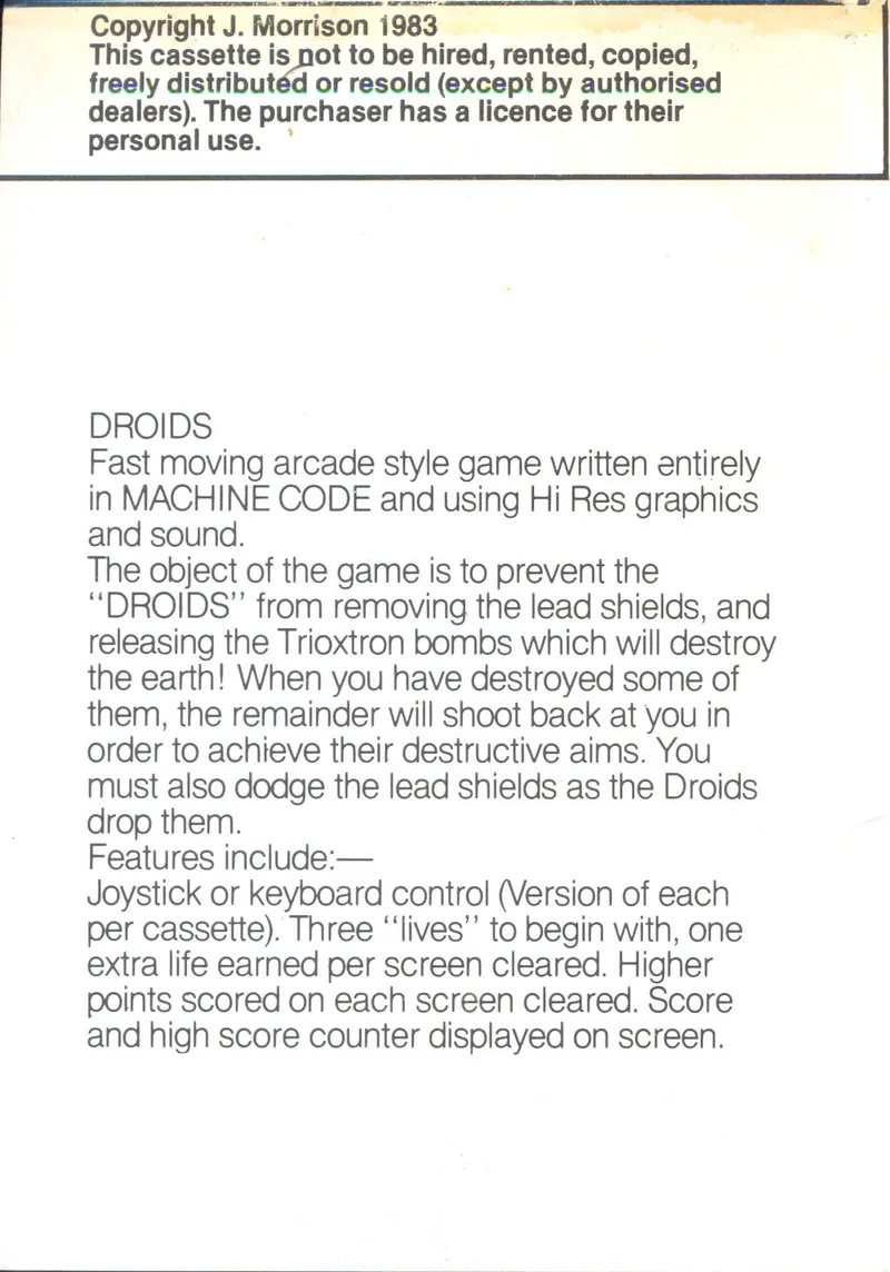 Droids box back