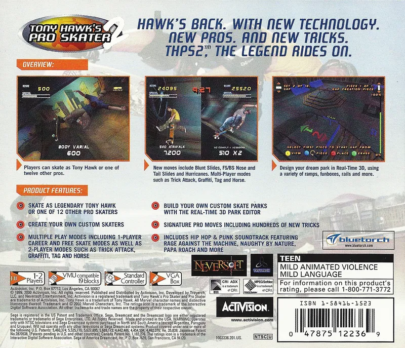 Tony Hawk's Pro Skater 2 box back