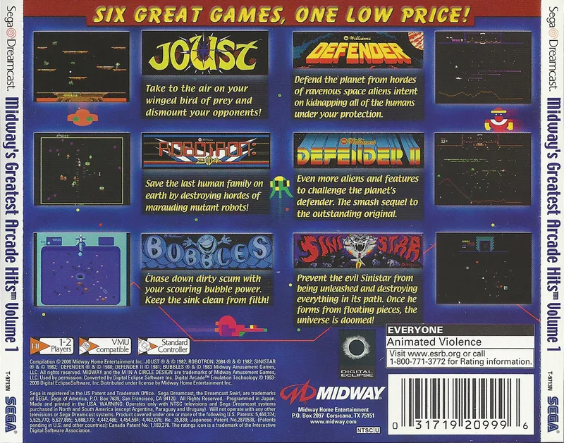 Midway's Greatest Arcade Hits Volume 1 box back