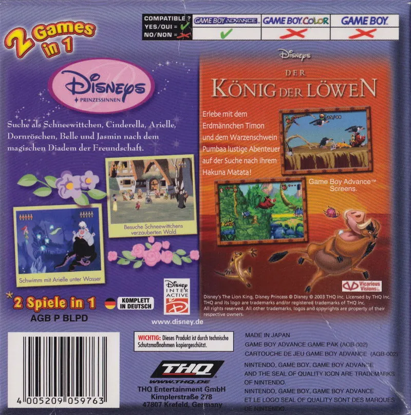 2 Games in 1 Double Pack: Disney Princess & The Lion King box back