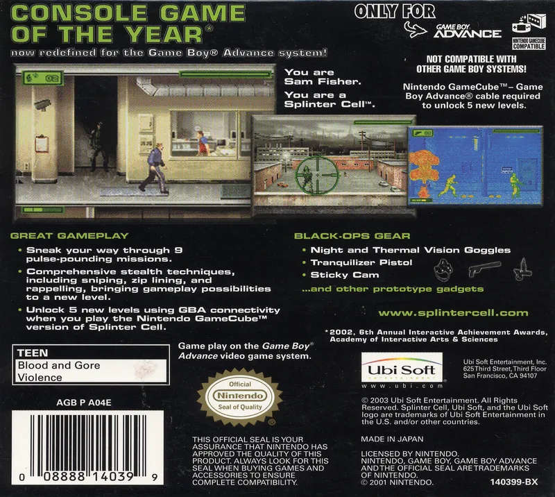 Tom Clancy's Splinter Cell box back