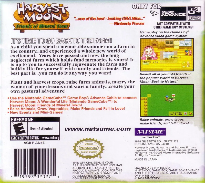 Harvest Moon: Friends of Mineral Town box back