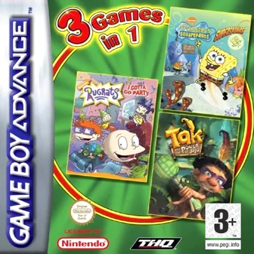 3 Games in 1: Rugrats: I Gotta Go Party + SpongeBob SquarePants: SuperSponge + Tak and the Power of Juju cover art for Nintendo Game Boy Advance
