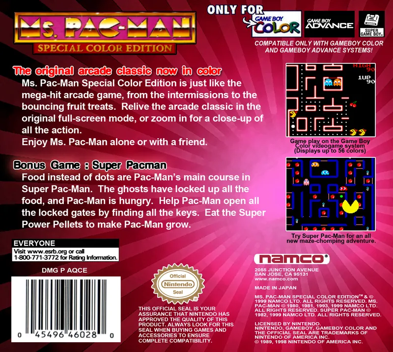 Ms. Pac-Man: Special Color Edition box back