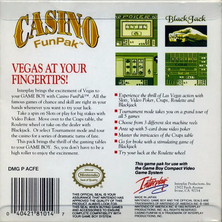 Casino FunPak box back