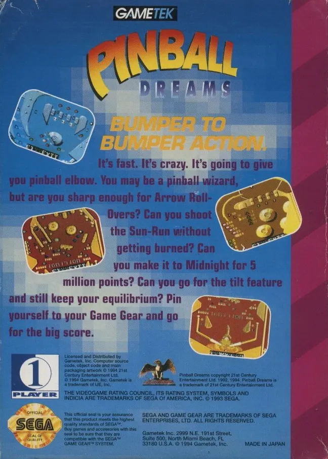 Pinball Dreams box back