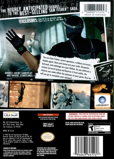 Tom Clancy's Splinter Cell: Double Agent box back