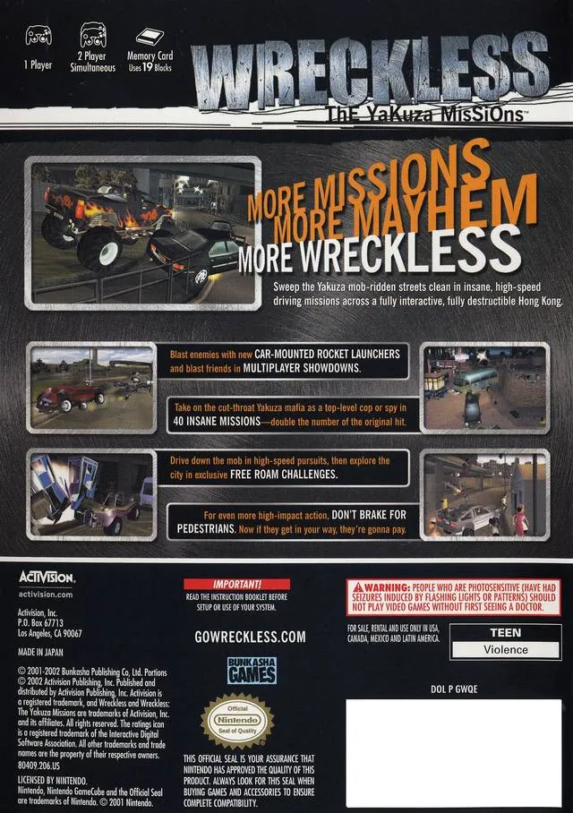 Wreckless: The Yakuza Missions box back