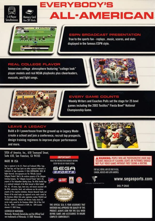 NCAA College Football 2K3 box back