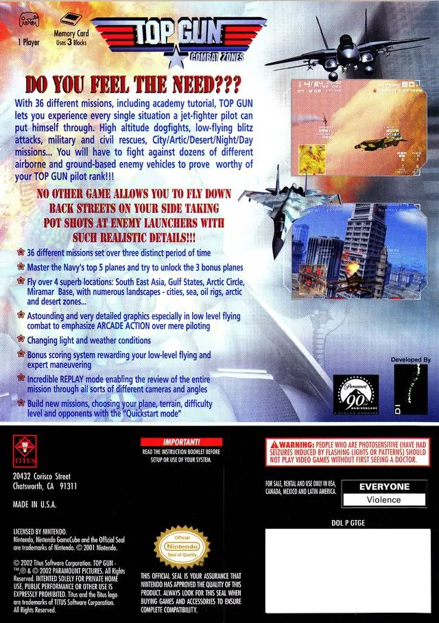 Top Gun: Combat Zones box back