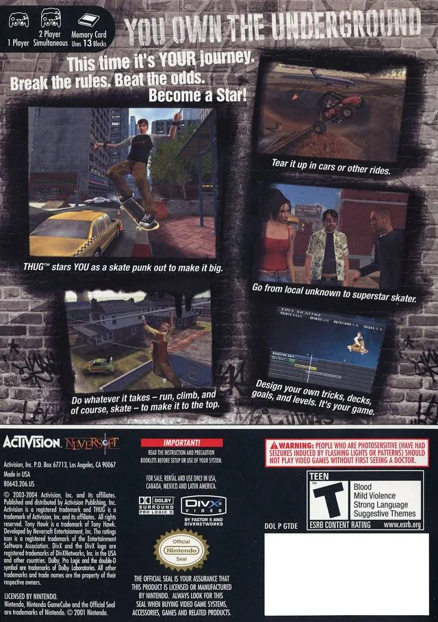 Tony Hawk's Underground box back