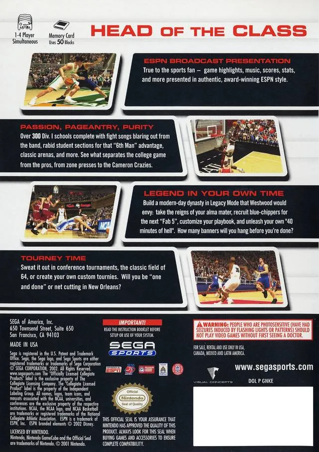 NCAA College Basketball 2K3 box back