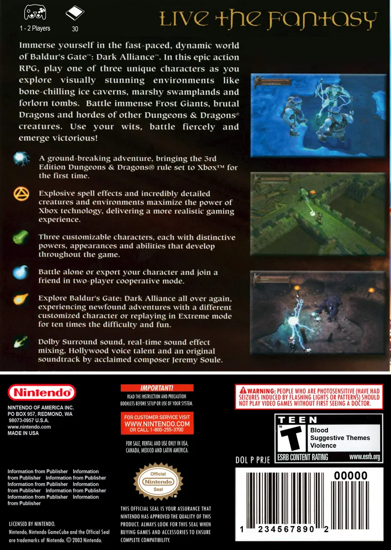 Baldur's Gate: Dark Alliance box back