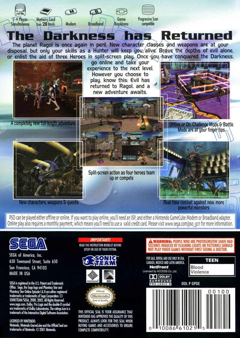 Phantasy Star Online: Episode I & II box back