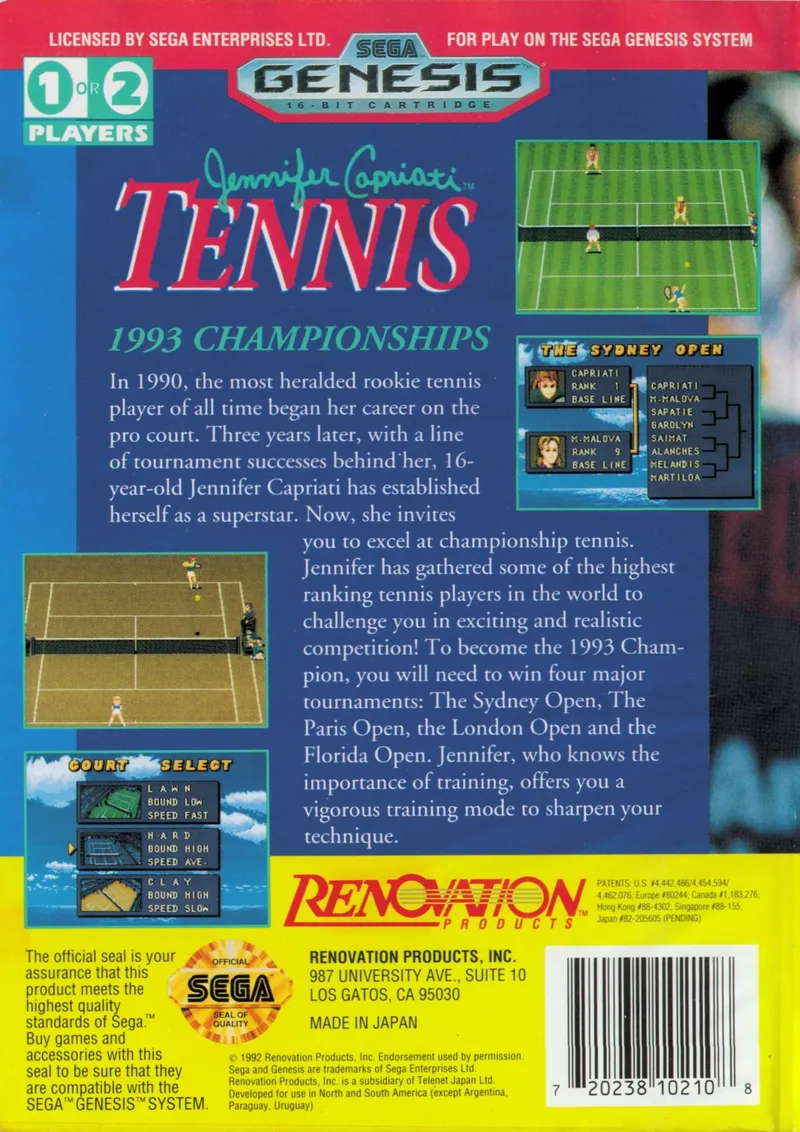 Jennifer Capriati Tennis box back