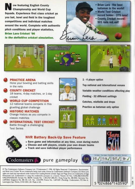 Brian Lara Cricket 96 box back