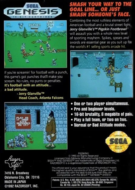 Jerry Glanville's Pigskin Footbrawl box back