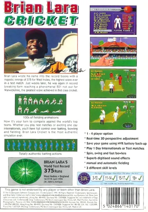 Brian Lara Cricket box back