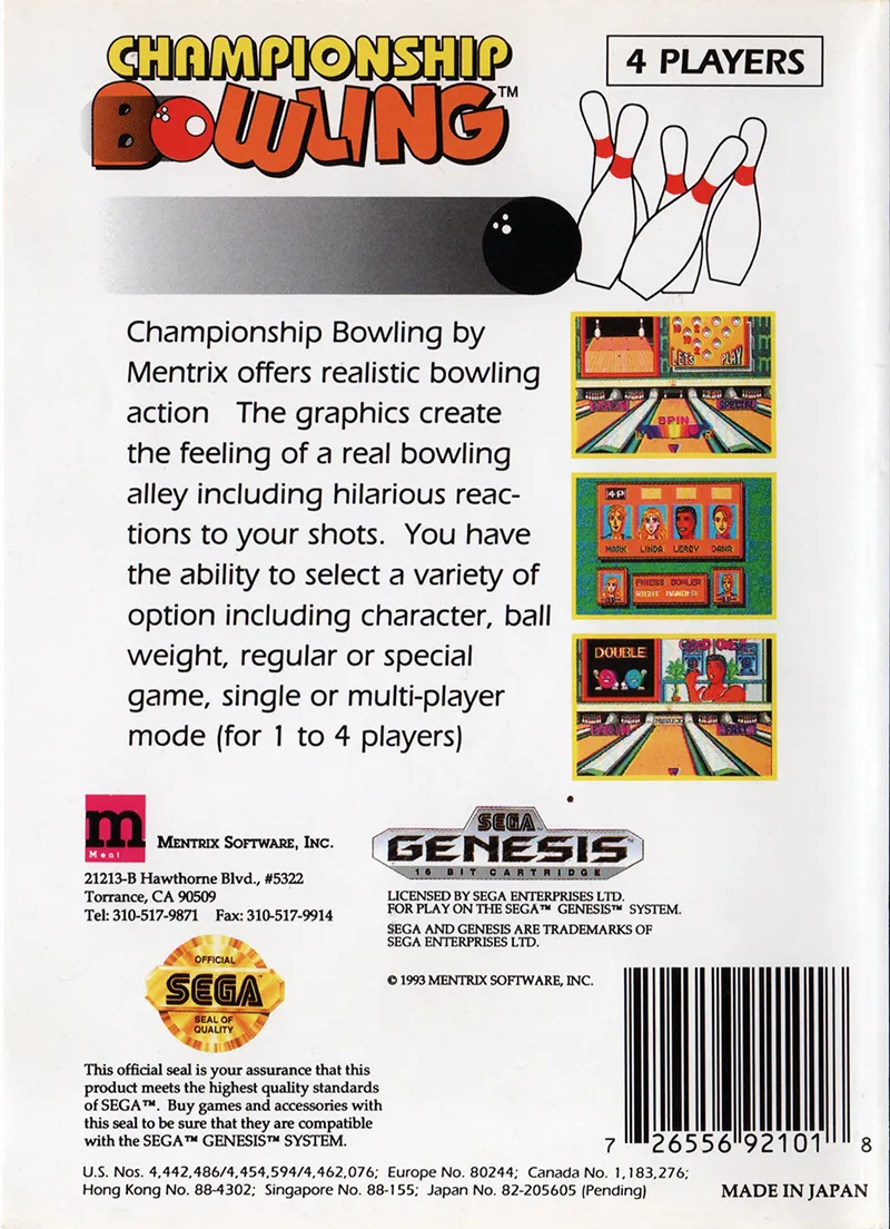 Championship Bowling box back