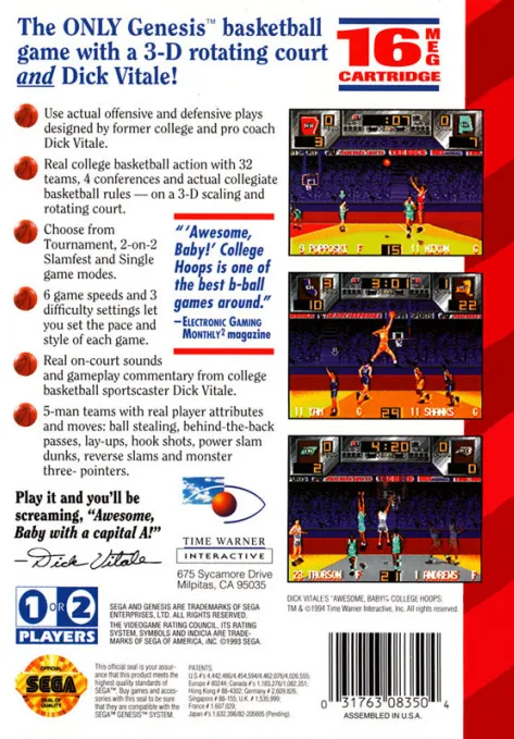 Dick Vitale's Awesome Baby! College Hoops box back