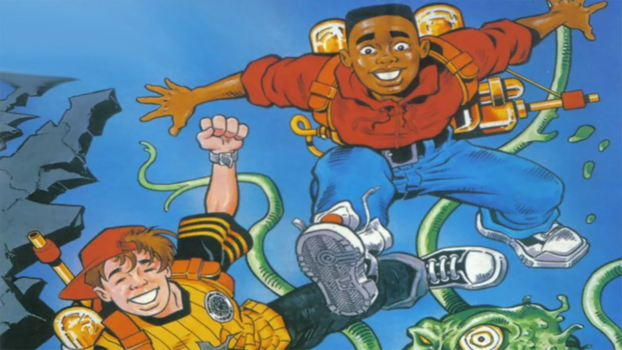 Backdrop artwork for Mick & Mack as the Global Gladiators