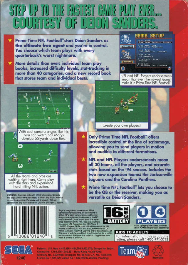 Prime Time NFL Starring Deion Sanders box back