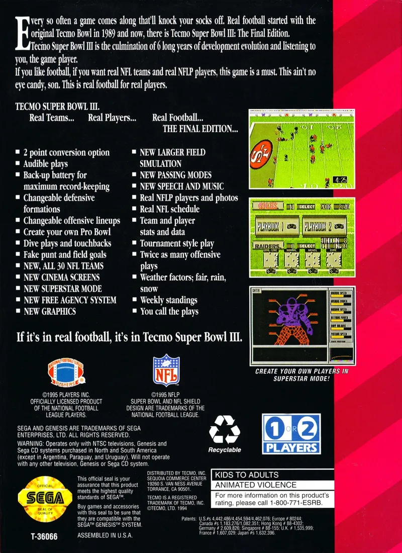 Tecmo Super Bowl III: Final Edition box back