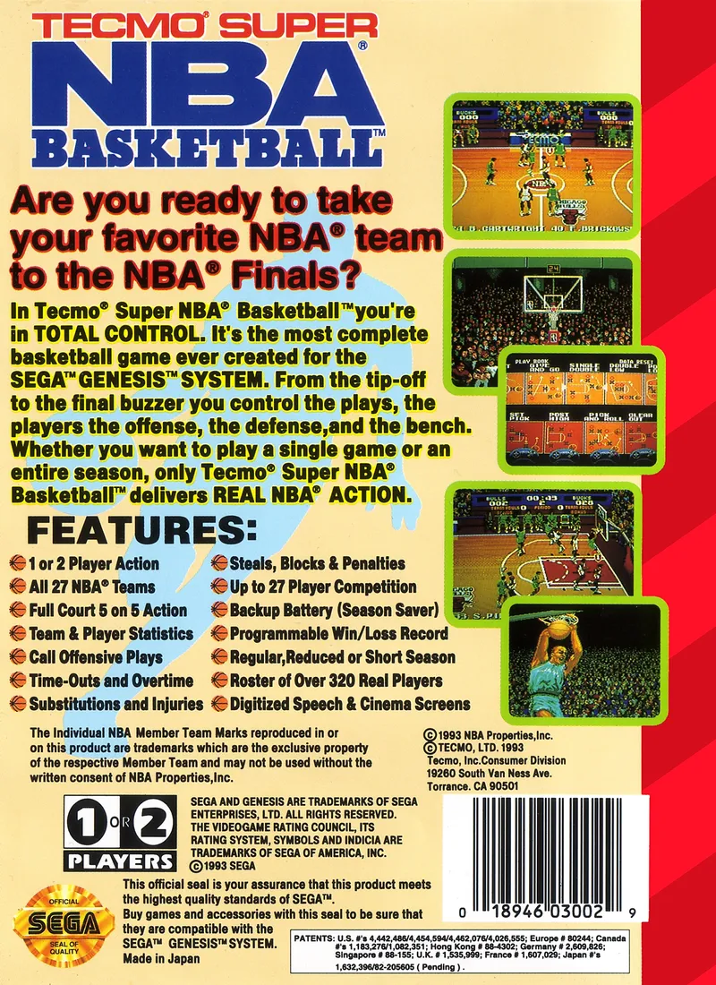 Tecmo Super NBA Basketball box back