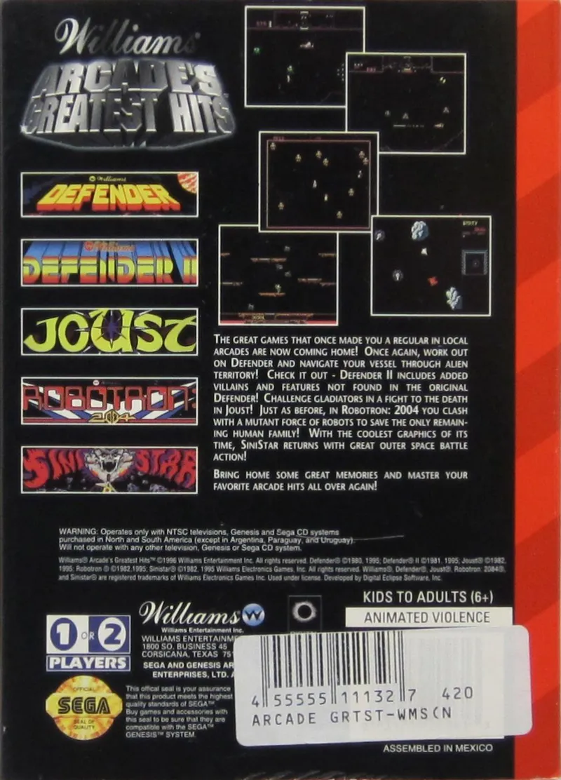 Williams Arcade's Greatest Hits box back