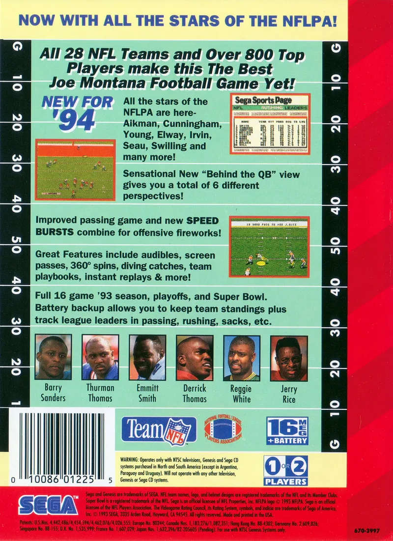NFL Football '94 Starring Joe Montana box back