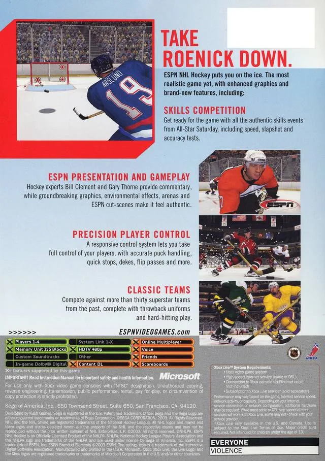 ESPN NHL Hockey box back