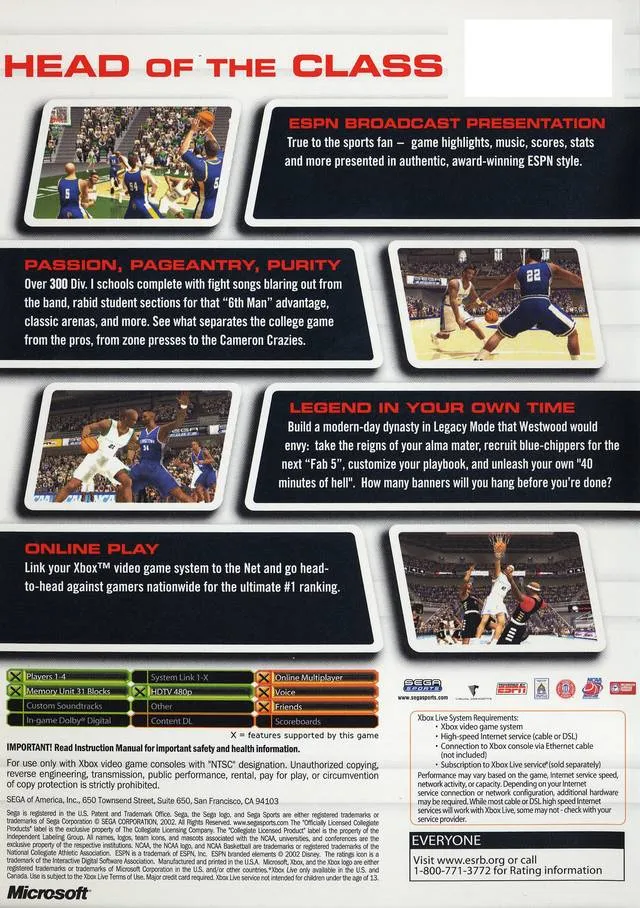 NCAA College Basketball 2K3 box back