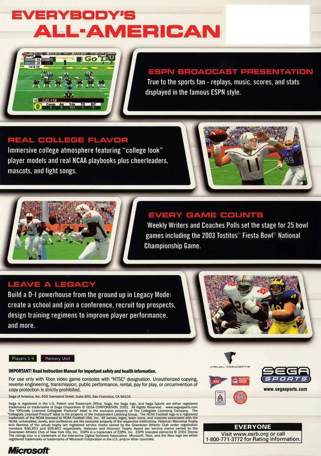 NCAA College Football 2K3 box back