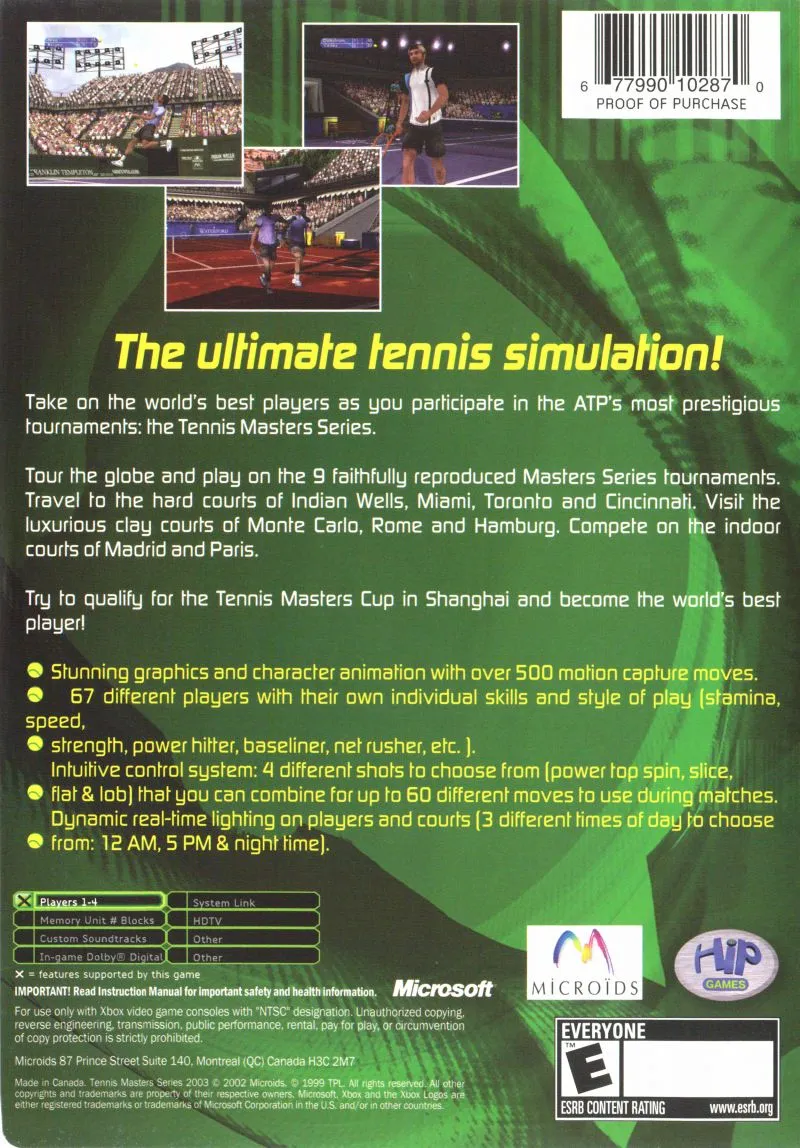 Tennis Masters Series 2003 box back