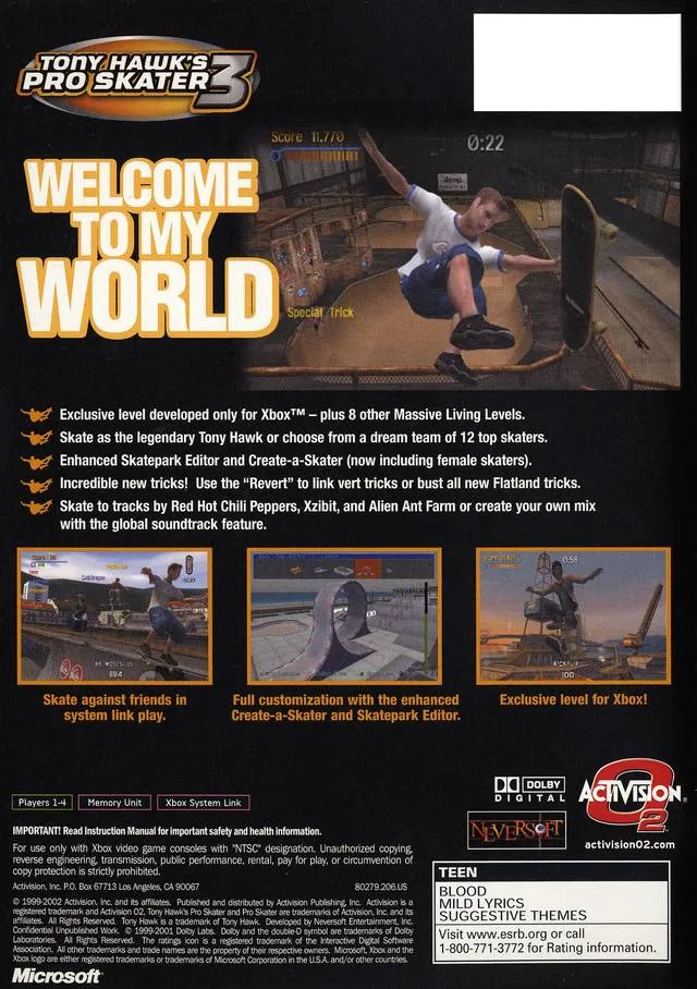 Tony Hawk's Pro Skater 3 box back