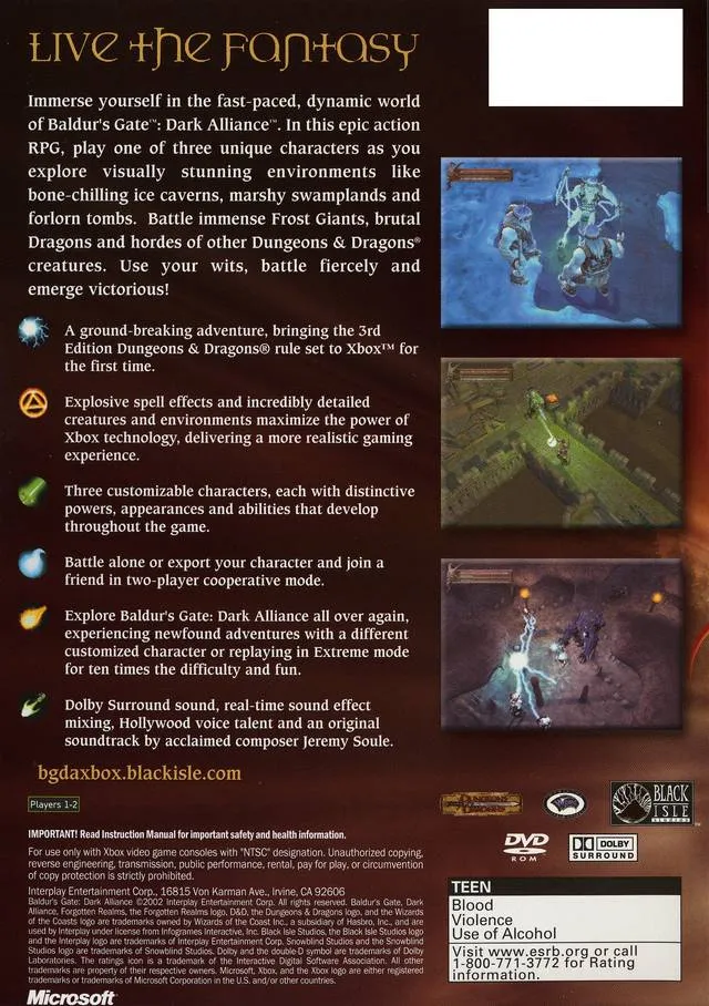 Baldur's Gate: Dark Alliance box back
