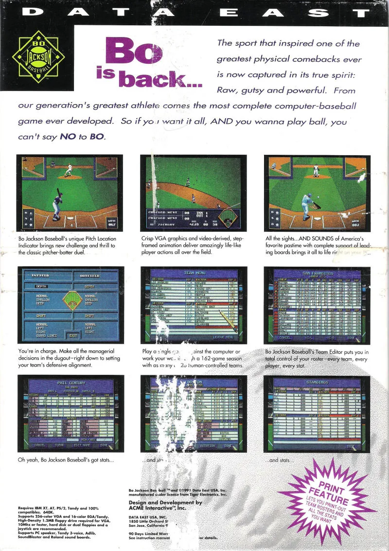 Bo Jackson Baseball box back