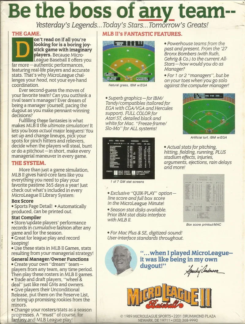 MicroLeague Baseball II box back