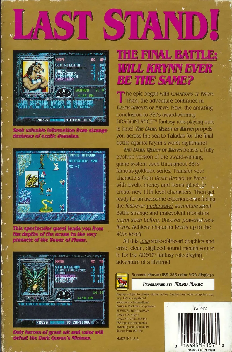 Advanced Dungeons & Dragons: The Dark Queen of Krynn box back