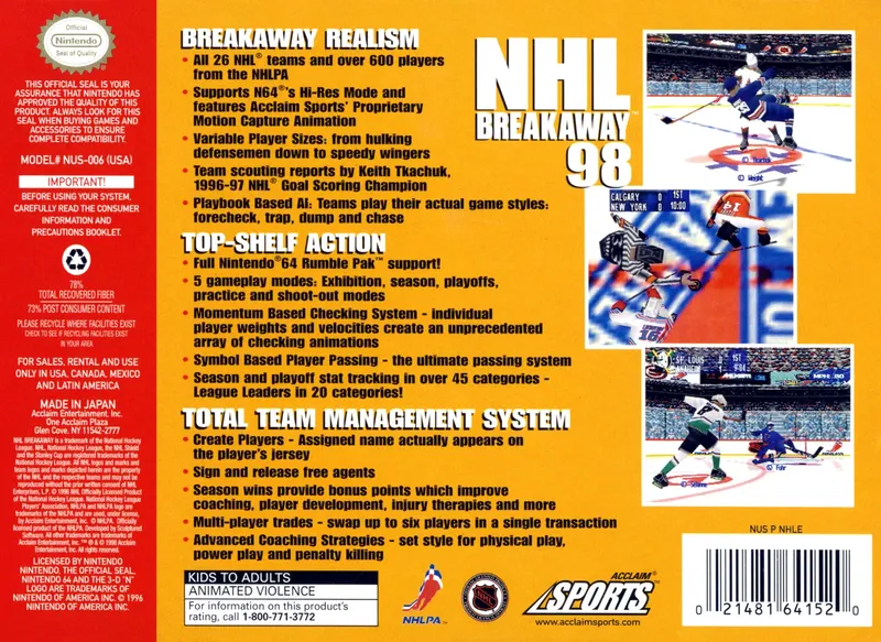 NHL Breakaway 98 box back
