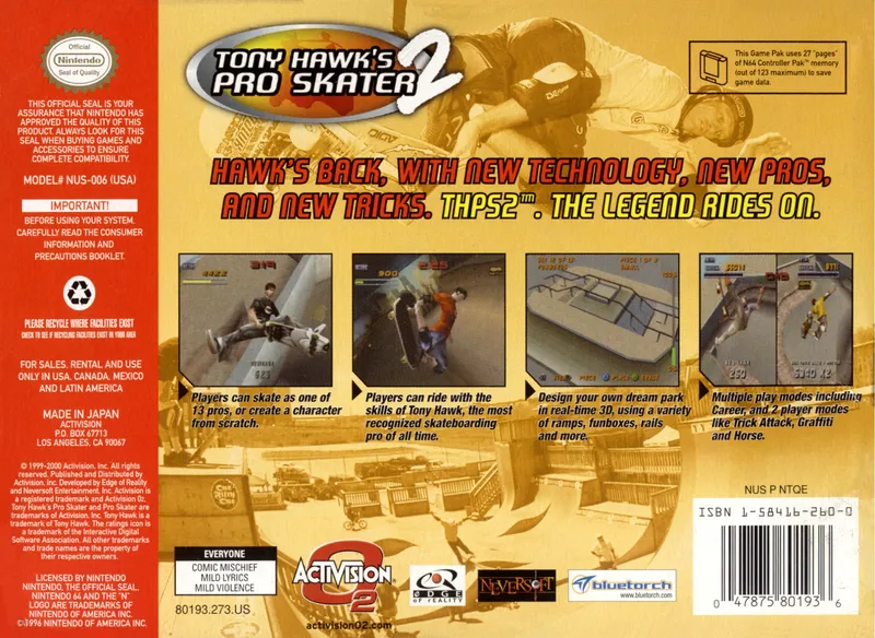 Tony Hawk's Pro Skater 2 box back