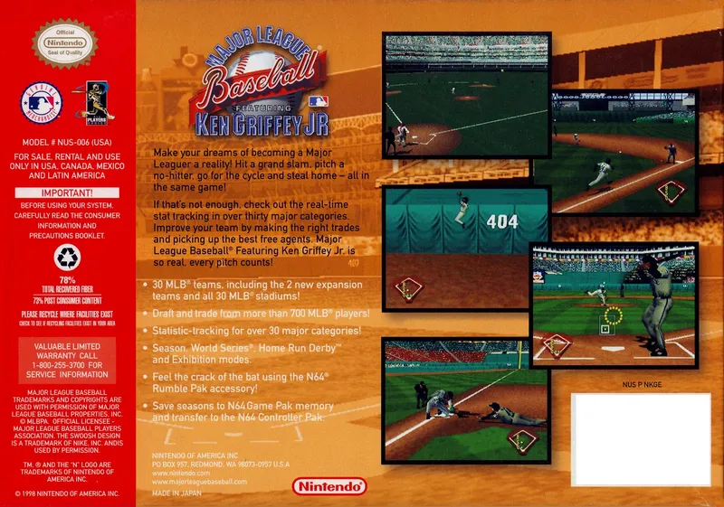 Major League Baseball Featuring Ken Griffey, Jr. box back