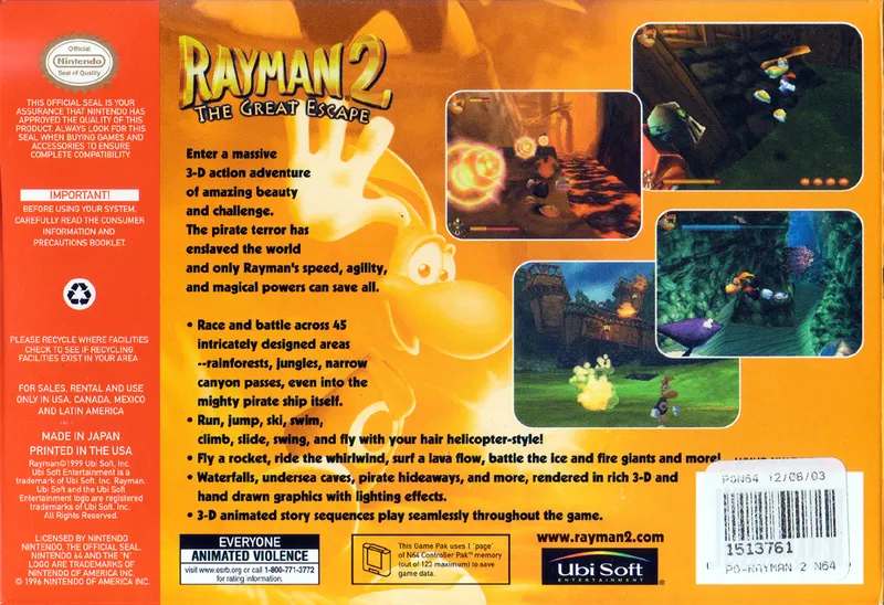 Rayman 2: The Great Escape box back