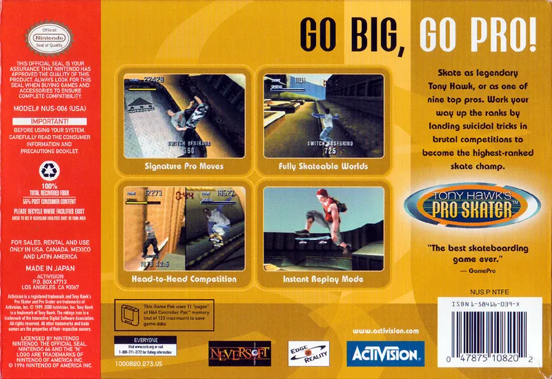 Tony Hawk's Pro Skater box back