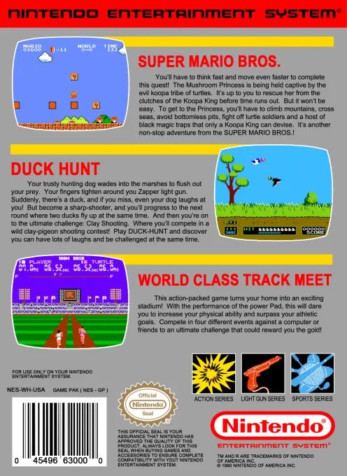 Super Mario Bros. / Duck Hunt / World Class Track Meet box back
