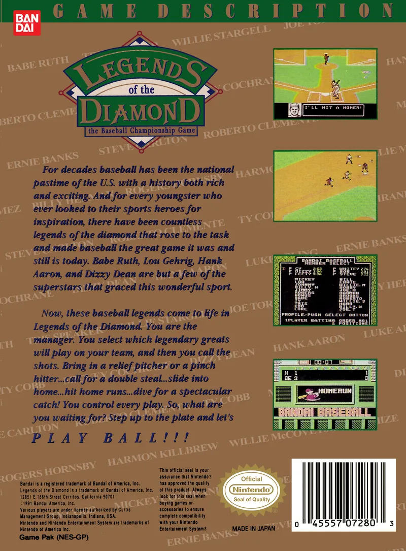 Legends of the Diamond: The Baseball Championship Game box back