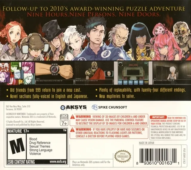 Zero Escape: Virtue's Last Reward box back