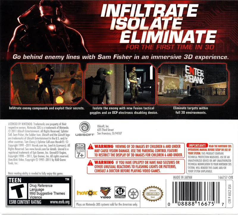 Tom Clancy's Splinter Cell 3D box back