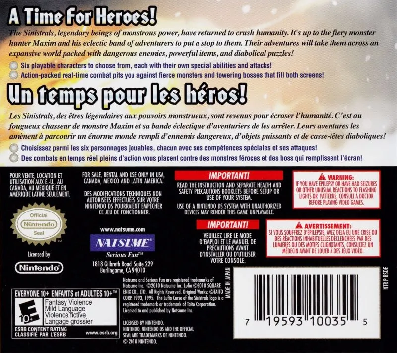Lufia: Curse of the Sinistrals box back