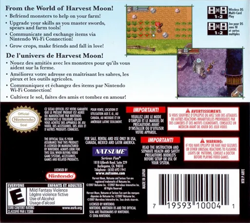 Rune Factory: A Fantasy Harvest Moon box back
